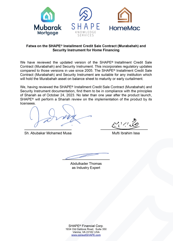 AMJA Sharia Board Fatwa Approval for Mubarak Mortgage halal financing
