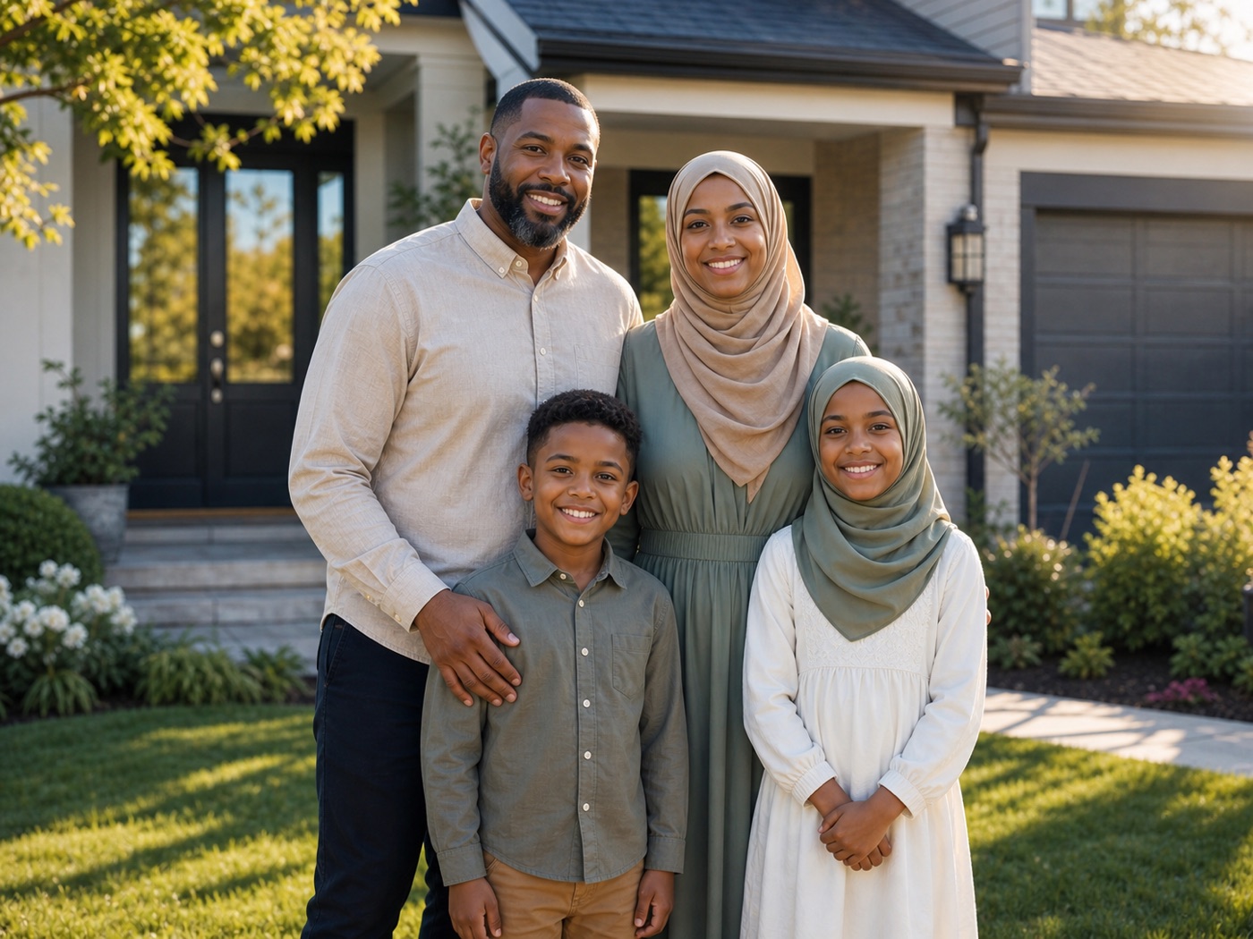 Black Muslim family standing outside their home