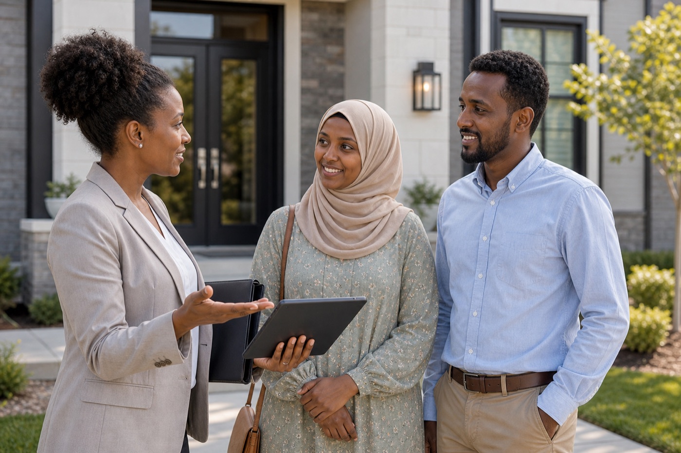 Real estate agent speaking with a Muslim couple outside a home