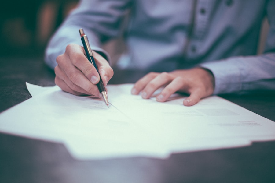 Business documents and contract on desk