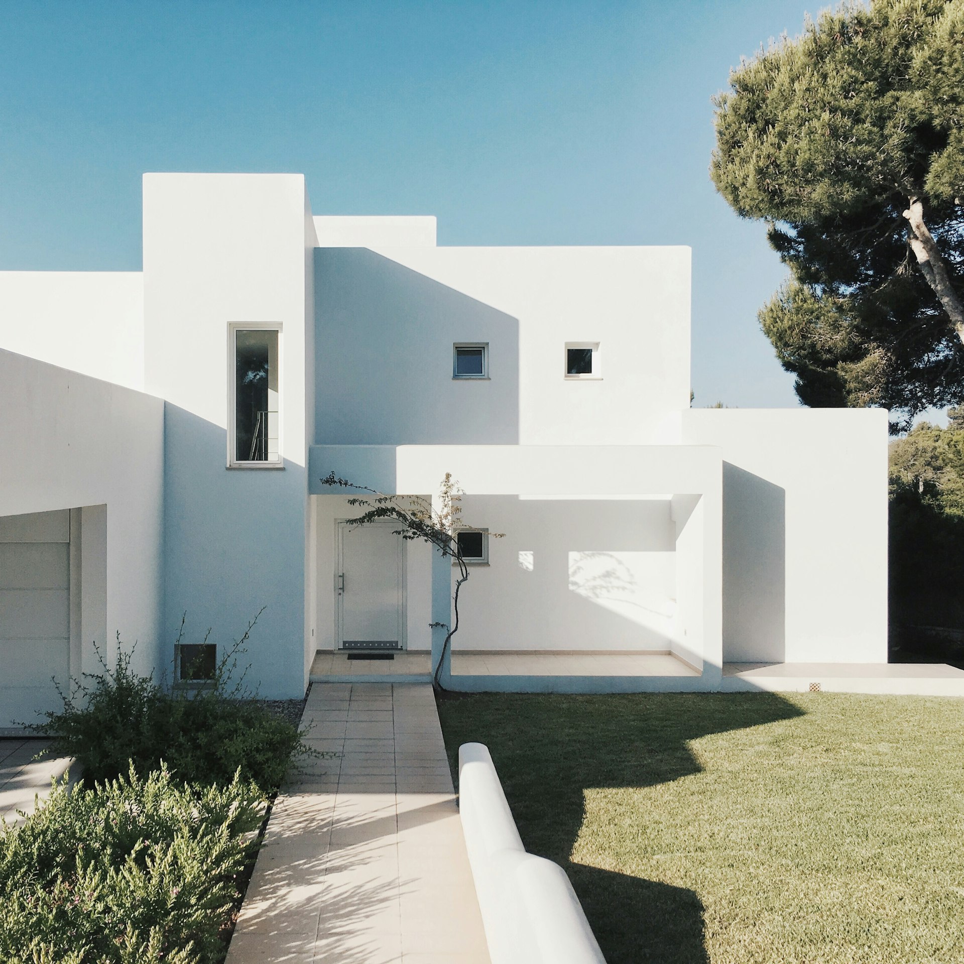 Modern home exterior at sunset
