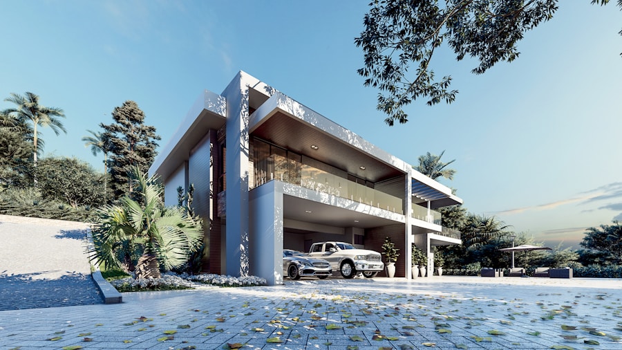 Modern home at golden hour